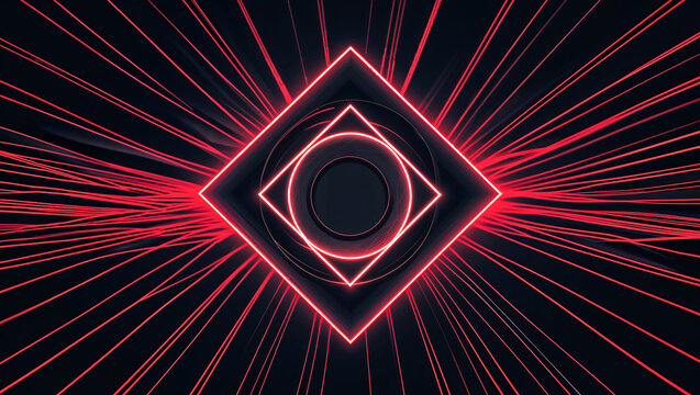 dynamic neon red glowing rhombus with a central circle, emitting energetic lines on a dark background. abstract design with copy space for tech, energy, cyberpunk, or virtual reality themes in present