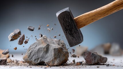Heavy hammer striking a large rock, causing fragments to scatter in dynamic motion, showcasing the power of impact and the process of breaking stone in a dramatic and visually engaging manner