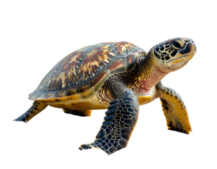 Close-up of a sea turtle with intricate shell patterns against a black background, swimming gracefully