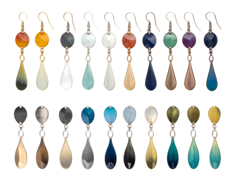 Array of dangling drop earrings with rounded tops, teardrop bottoms, various metallic colors on black