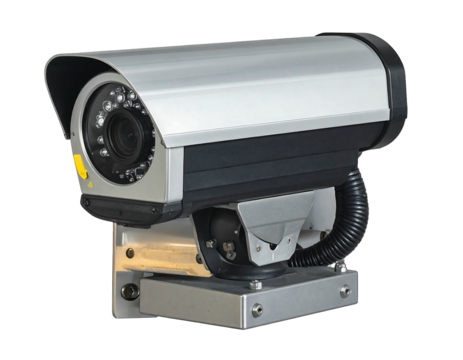 Close-up of a silver and black security camera mounted on a gray bracket against a black background - Powered by Adobe