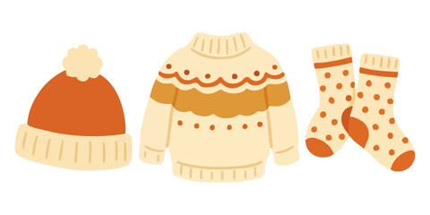 Cute cozy winter clothes set with warm sweater, hat and socks. Soft pastel illustration perfect for Christmas, hygge design, childrens decor or seasonal greeting cards.
