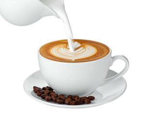 Cream pouring into latte in white mug with saucer and coffee beans on a black background