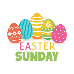 Festive easter sunday greeting card design with colorful eggs and floral accents