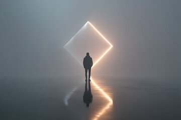 Mystery in the Neon Void: A solitary figure stands before a glowing geometric portal in a misty environment, the scene evokes a sense of anticipation and the allure of the unknown.