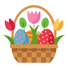 Charming easter basket overflowing with colorful tulips and decorative eggs