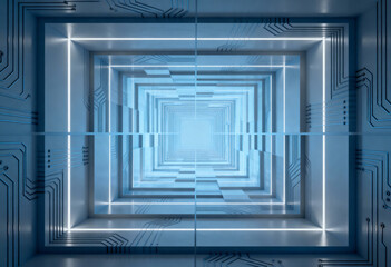 Layered planes forming a harmonious geometric grid with subtle circuit-line details under cool diffused lighting, representing computational logic, digital precision, and data architecture