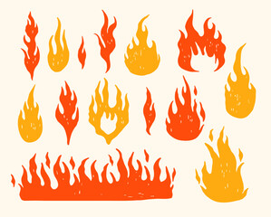 Fire flames hand drawn crayon pencil doodles icons isolated on white. Burning fire drawing.