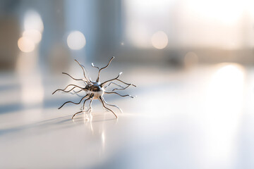 Neuron Model on a Surface: A detailed neuron model rests on a smooth, reflective surface, with an out-of-focus background.
