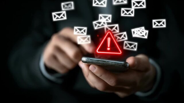 Person holding a smartphone with a glowing red warning icon, amid floating mail symbols. Cyber risk