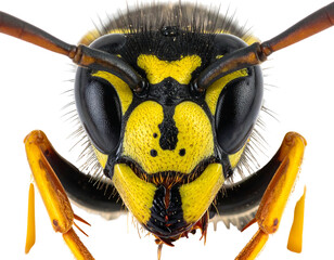 Close-up of a striking wasp head showing intricate yellow & black patterns, big eyes, and detailed antennae
