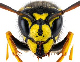 Close-up of a striking wasp head showing intricate yellow & black patterns, big eyes, and detailed antennae