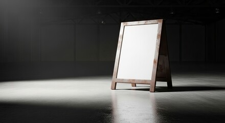 An empty sandwich board stands in a dimly lit warehouse, awaiting a message or advertisement, copy space available