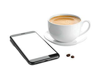 Coffee and phone on black. A white cup on saucer sits near a smartphone next to two coffee beans