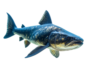 Coelacanth fish with dark blue body with mottled gold spots and textured fins on a black background