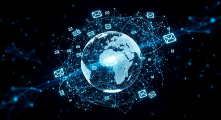 Global email network concept with glowing earth and message icons for international communication solutions