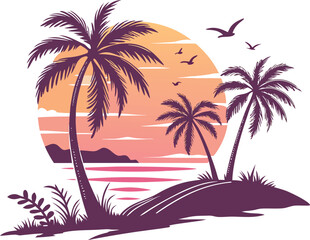 Tropical sunset with palm trees vector | Beach landscape illustration