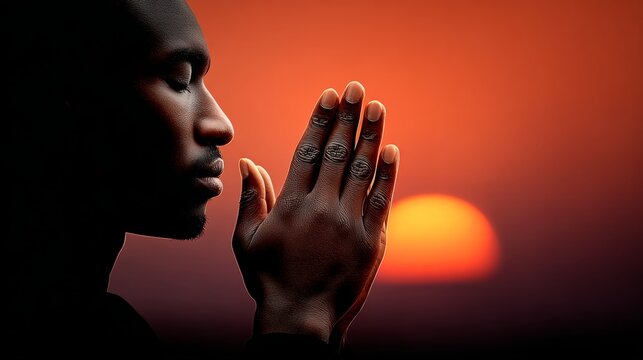 African American man with closed eyes, hands clasped in prayer, silhouetted against a vibrant sunset, reflecting tranquility and spirituality in a serene outdoor setting, embodying hope and contemplat - Powered by Adobe
