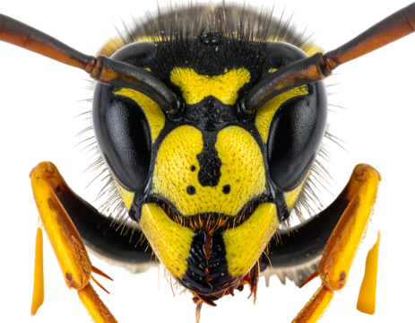 Close-up of a striking wasp head showing intricate yellow & black patterns, big eyes, and detailed antennae