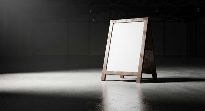An empty sandwich board stands in a dimly lit warehouse, awaiting a message or advertisement, copy space available