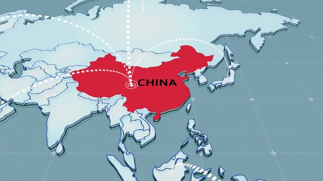 a stylized 3D map highlighting China in bright red. The word &ldquo;CHINA&rdquo; is boldly labeled across the country. White dashed arrows extend outward from a central point within China, animation
