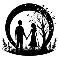 Romantic silhouette couple holding hands under a starry night sky and tree