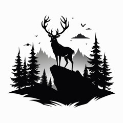 Majestic stag stands proudly on a rocky outcrop overlooking a serene mountain forest landscape