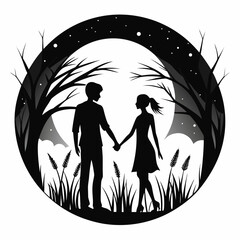Silhouette couple holding hands under a full moon amidst bare trees and stars