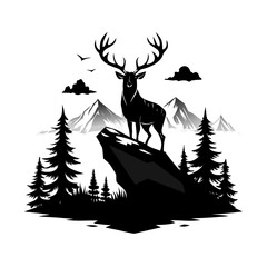Majestic stag with large antlers stands proudly on a rocky outcrop overlooking a mountain landscape