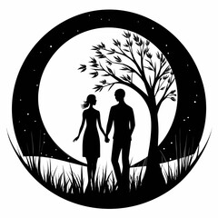 Romantic couple holding hands under a tree silhouette against a crescent moon and stars