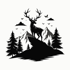 Majestic stag standing proudly on a rocky peak surrounded by pine trees and mountains