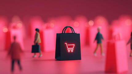 Glowing red shopping cart icon on black gift bag — modern Black Friday sale concept with pink background, minimalist composition, and shoppers in soft focus symbolizing retail and holiday discounts