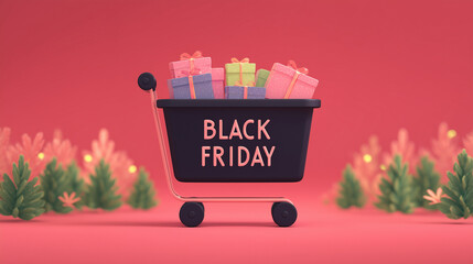 3D shopping cart filled with colorful gift boxes and Black Friday text — festive holiday sale concept with cheerful pink background and decorative plants, symbolizing discounts and celebration.