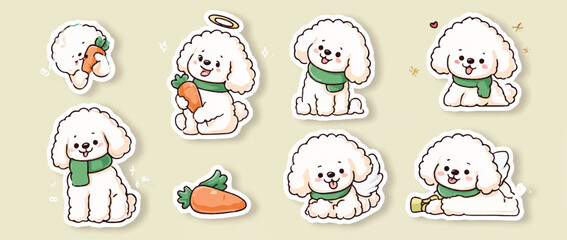 Adorable Bichon Frise Stickers Collection with Carrots Scarves Angel Wings and Cute Expressions for Digital Design Projects