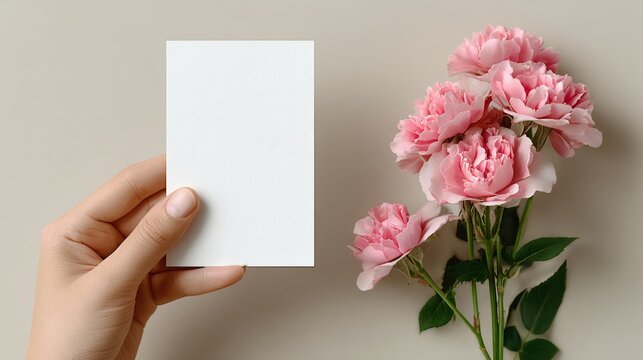 Hand holding blank white card beside beautiful pink flowers on a soft beige background, creating an elegant and serene atmosphere ideal for greeting cards or invitations with copy space