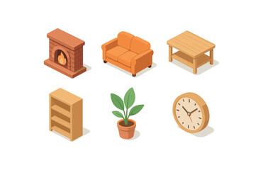 isometric icon items isolated on white background home hearth center home sofa cushion home coffee table home bookshelf unit home indoor plant home clock