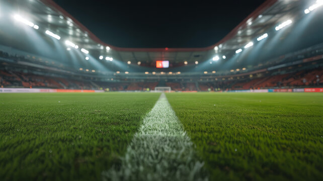 Empty soccer stadium at night with bright lights 