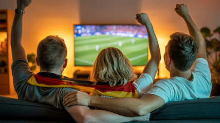 Friends watching a soccer game on tv, celebrating a goal