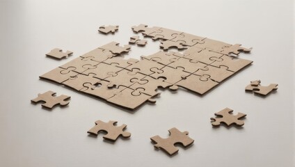 Partially Completed Jigsaw Puzzle with Scattered Pieces on a White Surface.