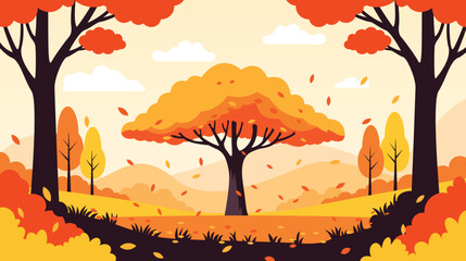 Autumn landscape with colorful trees and falling leaves in a serene nature scene