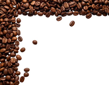 Coffee beans piled on the left & top, isolated on a black background with two scattered in the empty space