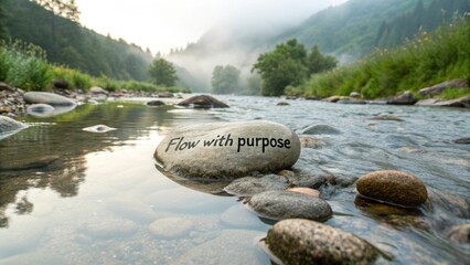 Stone engraved with quote resting in flowing river environment