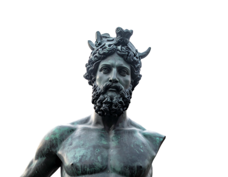 Close-up of a weathered, green-hued statue of a muscular male figure wearing a horned helmet, against black background
