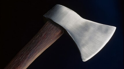 Close-up view of a handcrafted axe with a polished steel blade and a wooden handle, showcasing the craftsmanship and detailing, perfect for outdoor enthusiasts and tool collectors