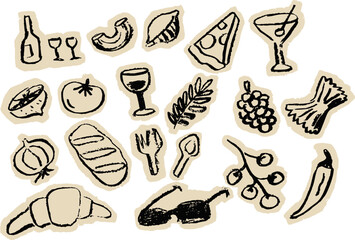 Food cutout set, collection of paper black chalk style collage sketches featuring Italian cuisine, wine, and drinks. Hand drawn collection of ingredients and objects with a rough, whimsical texture.