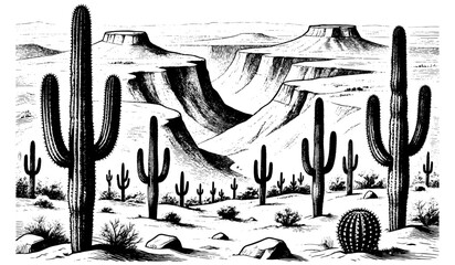 Vintage engraving of a desert landscape with cacti and cliffs. Detailed black and white etching illustration in retro Western style.