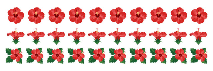 Red hibiscus border, repeating small blossoms, tropical garland row, seamless repeat strip, floral trim design, summer vector