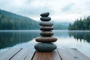 Stacked stones on wooden pier by tranquil lake surrounded by forested mountains