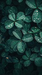Close-up of green clover leaves with raindrops in a natural setting