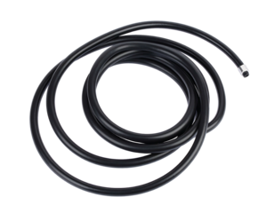 Coiled dark hose, viewed top-down, resting on black backdrop with a silver connector on end